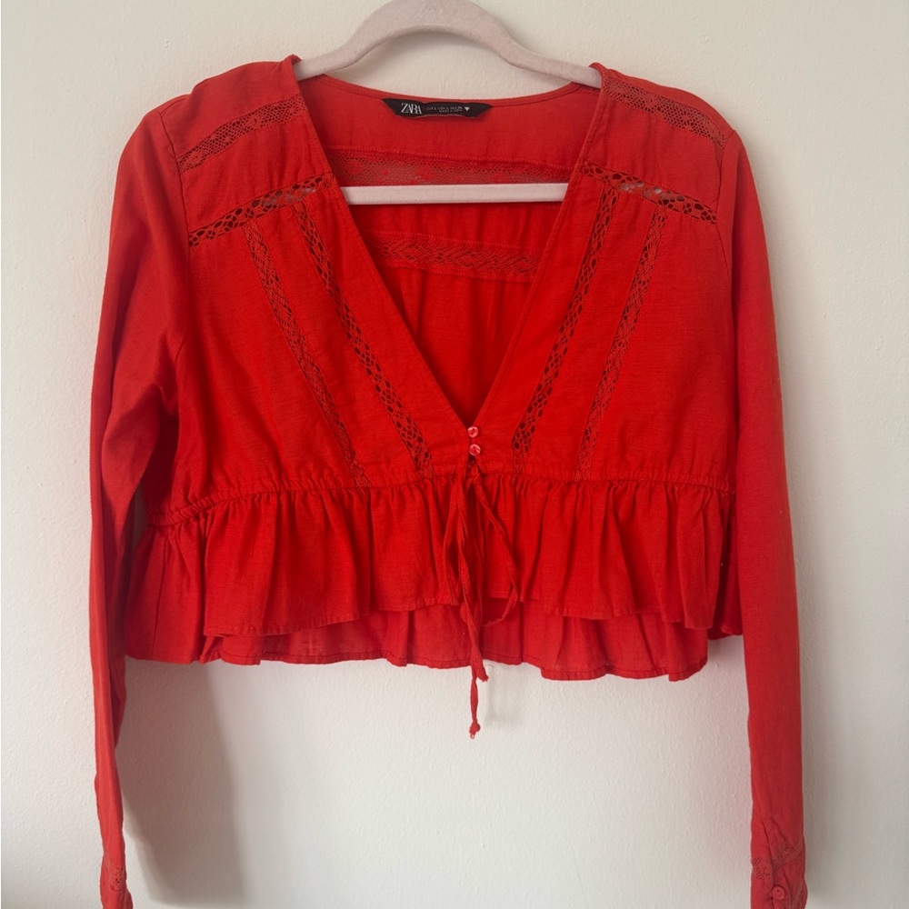 Zara Women's Bright Orange Lace Trim Blouse
